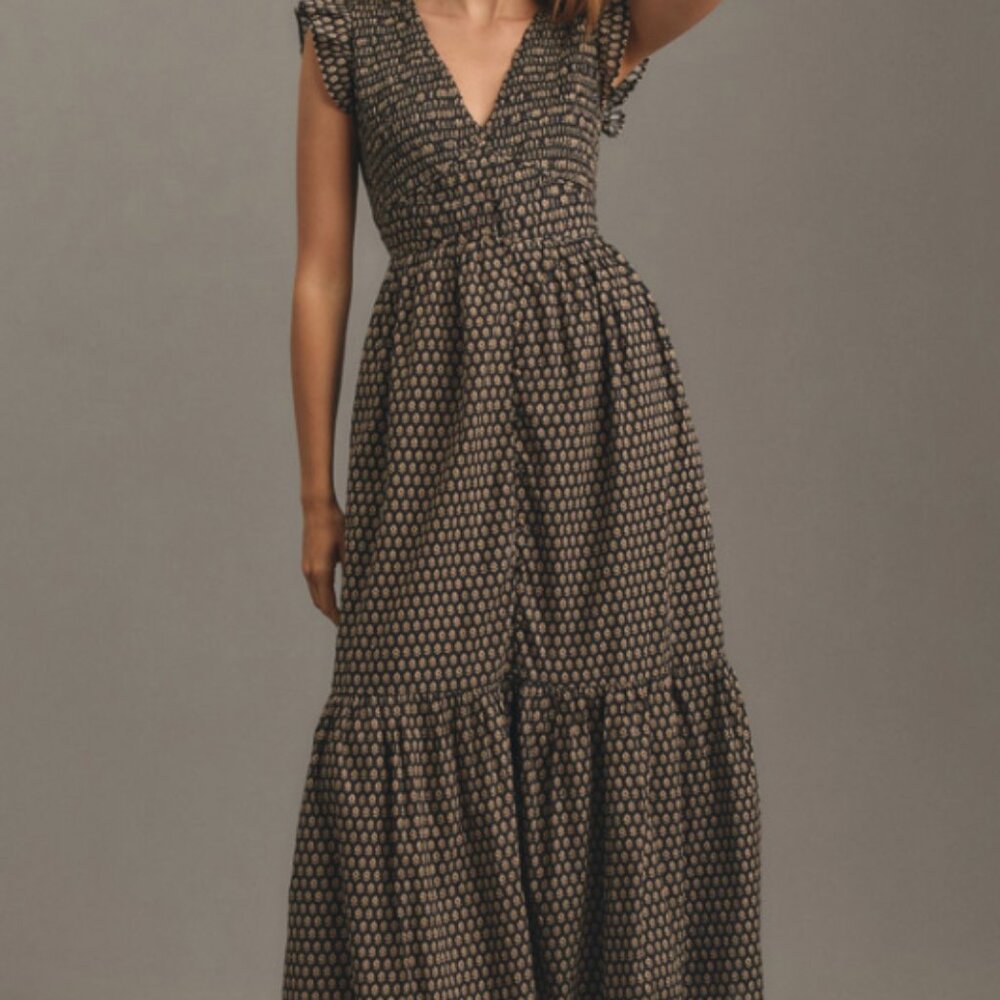 Anthropologie Black and Gold Patterned Maxi Dress